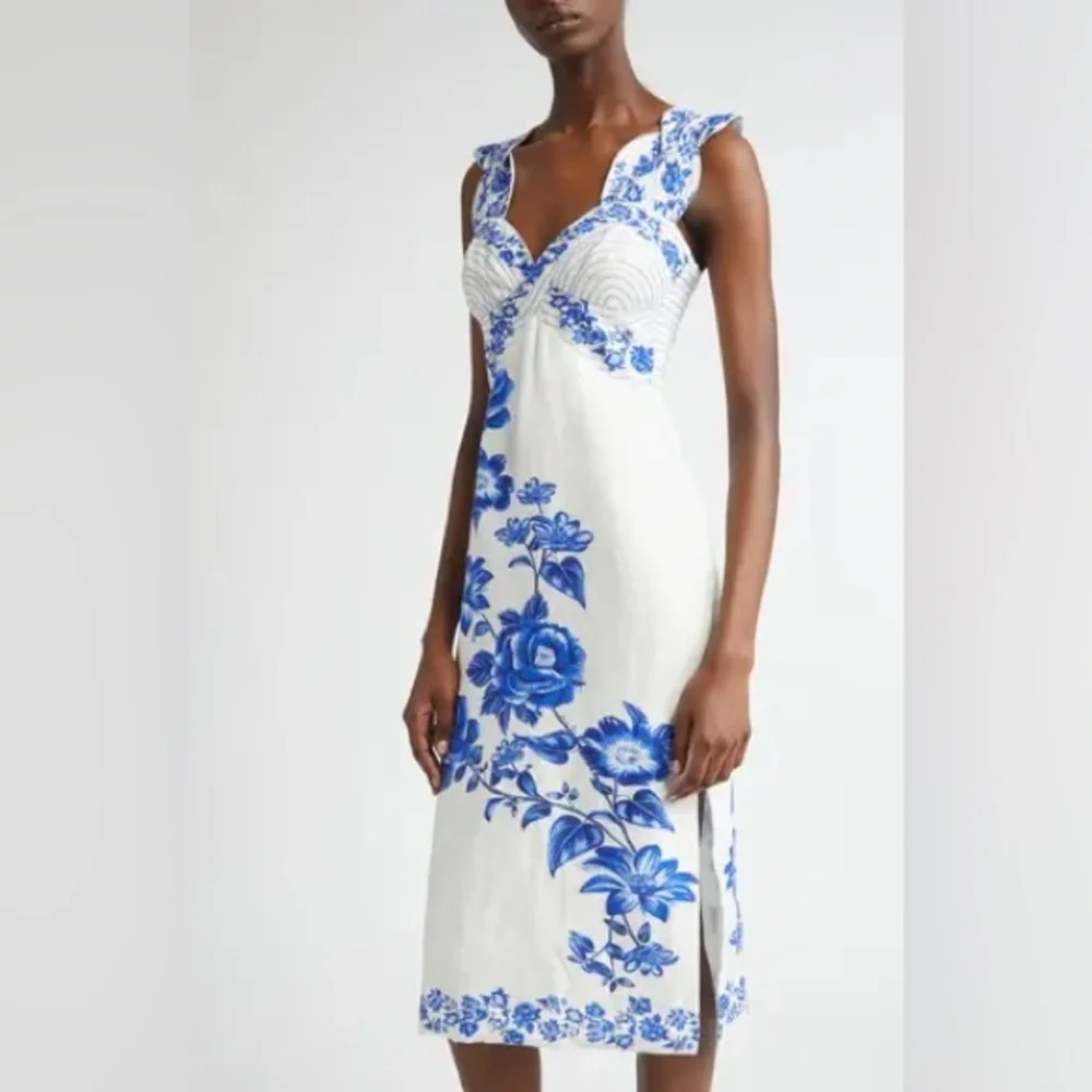 FARM RIO Floral Cascade Wavy Euroflax Premium Linen Midi Dress,Large,$280 - Picture 9 of 9
